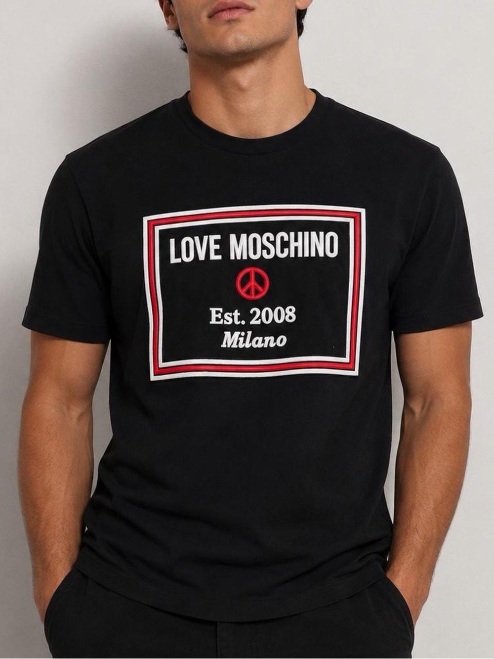 LOVE MOSCHINO Graphic Logo T-Shirt Size M Black Est 2008 Milano Peace Sign Tee